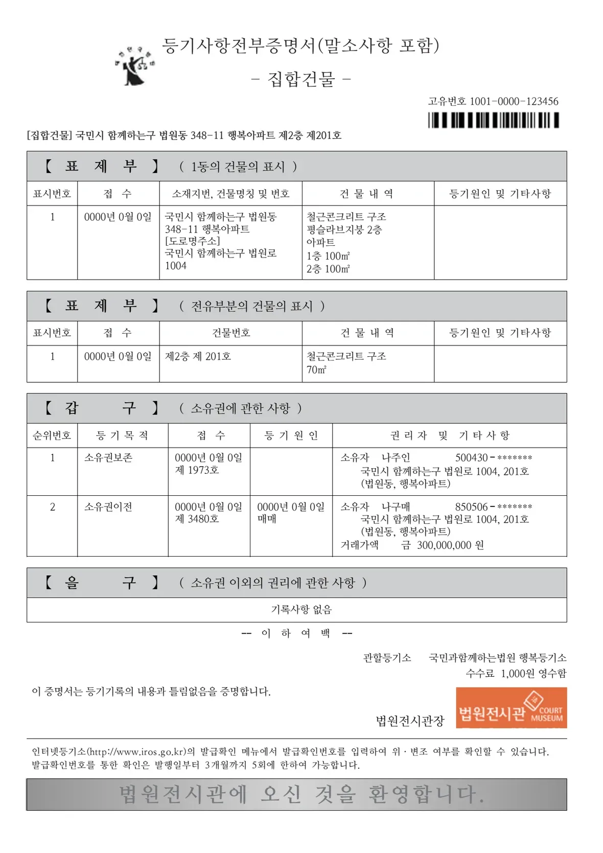 아파트 등기사항전부증명서 견본