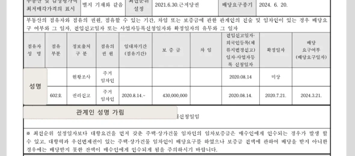 매각물건명세서의 점유자 전입신고일 확정일자 배당요구일 표