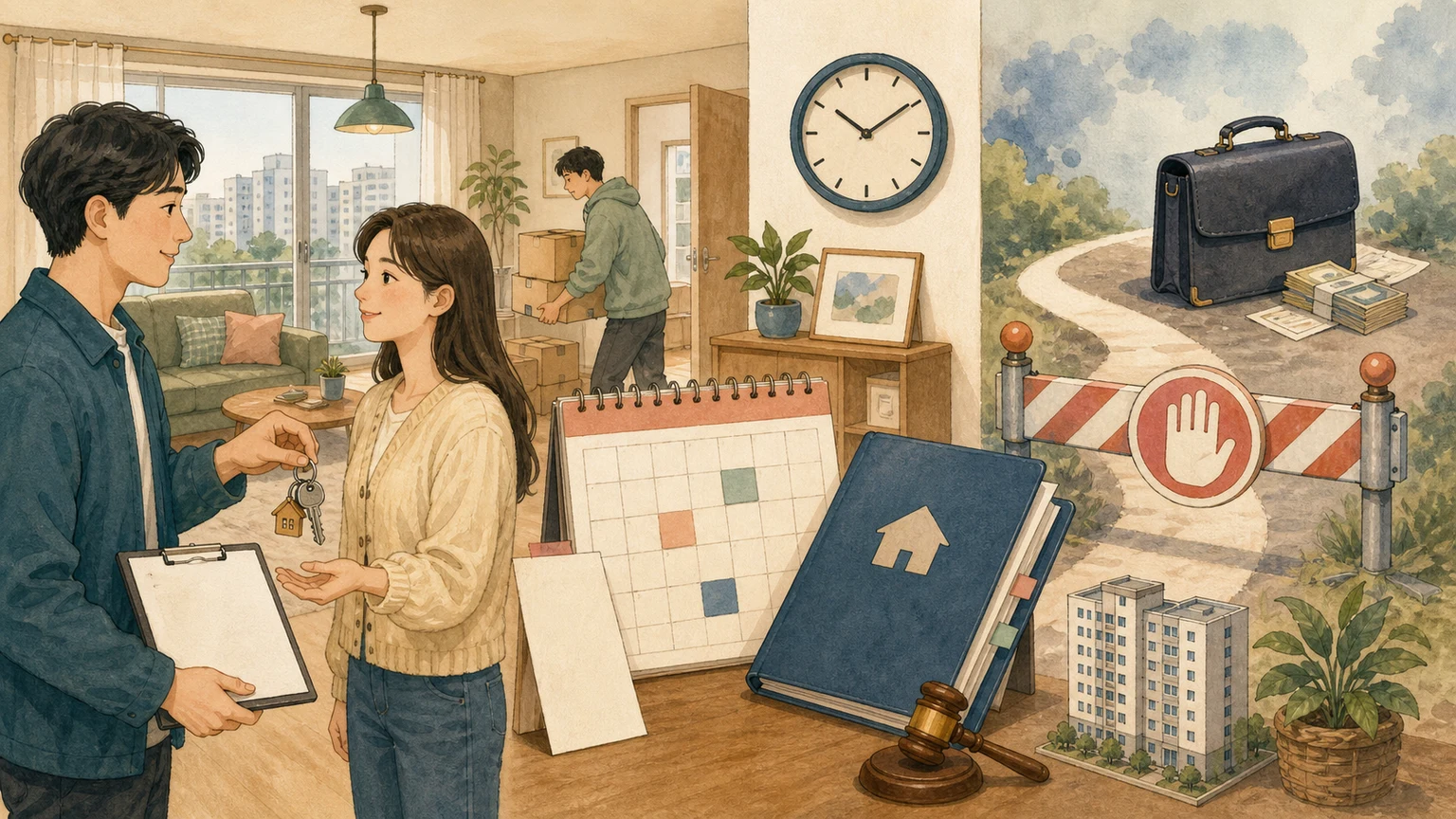 세입자의 이사 일정과 주택담보대출 서류, 사업자대출 제한을 한 장면에 표현한 그림