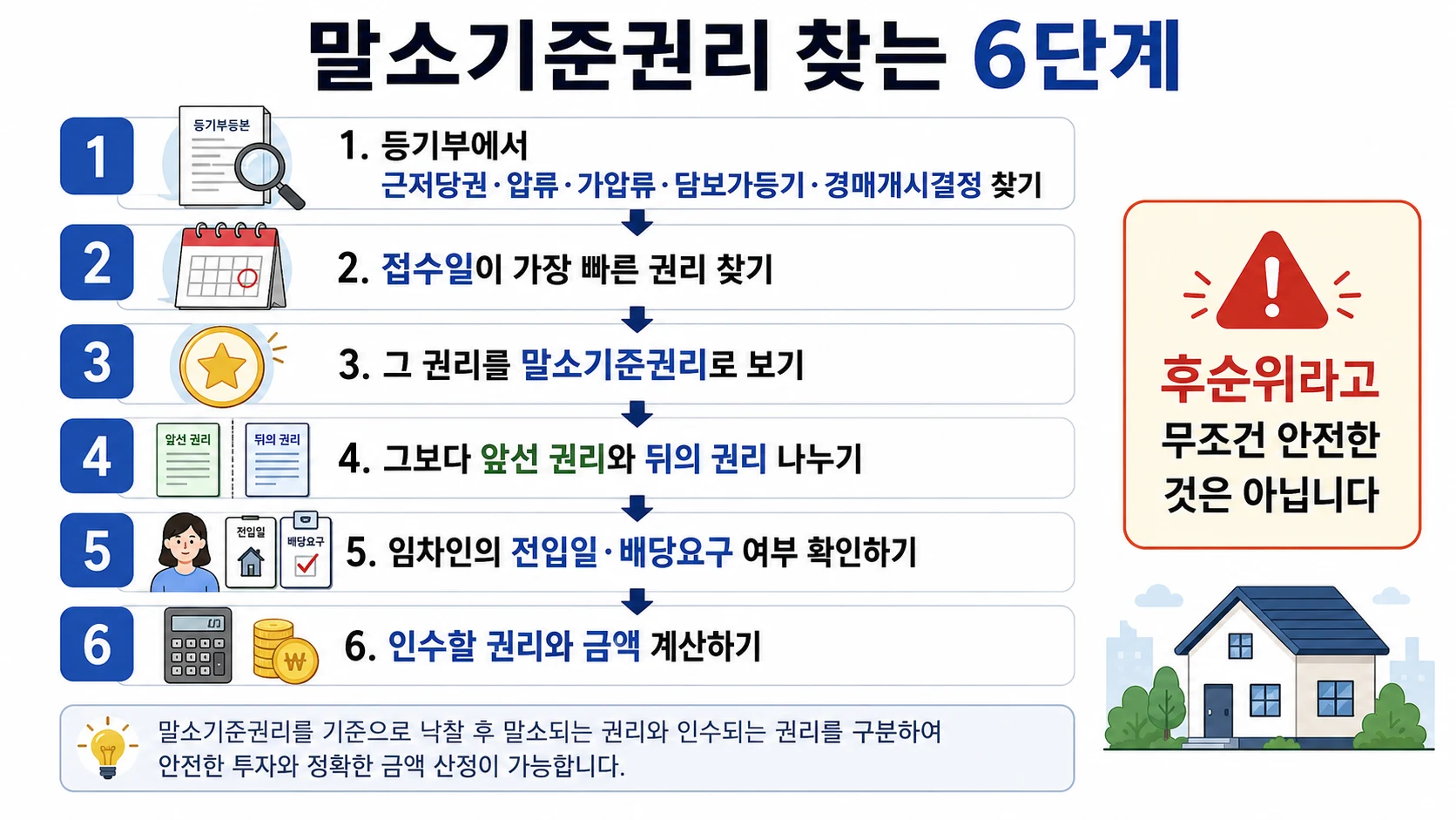 등기부에서 근저당권·압류·가압류·담보가등기·경매개시결정을 찾고, 접수일이 가장 빠른 권리를 말소기준권리로 본 뒤, 앞선 권리와 뒤의 권리를 나누고 임차인의 전입일·배당요구 여부를 확인해 인수할 권리와 금액을 계산하는 6단계를 설명하는 이미지