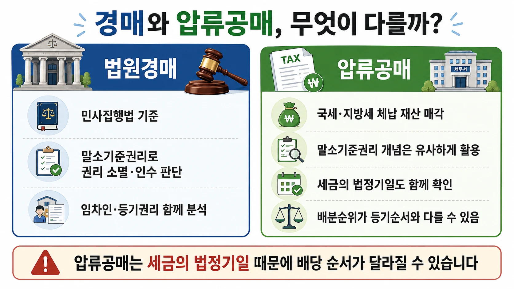 법원경매는 민사집행법 기준으로 말소기준권리를 판단하고, 압류공매는 국세·지방세 체납재산 매각에서 말소기준권리 개념을 유사하게 활용하되 세금의 법정기일에 따라 배분순위가 등기순서와 달라질 수 있음을 비교한 이미지