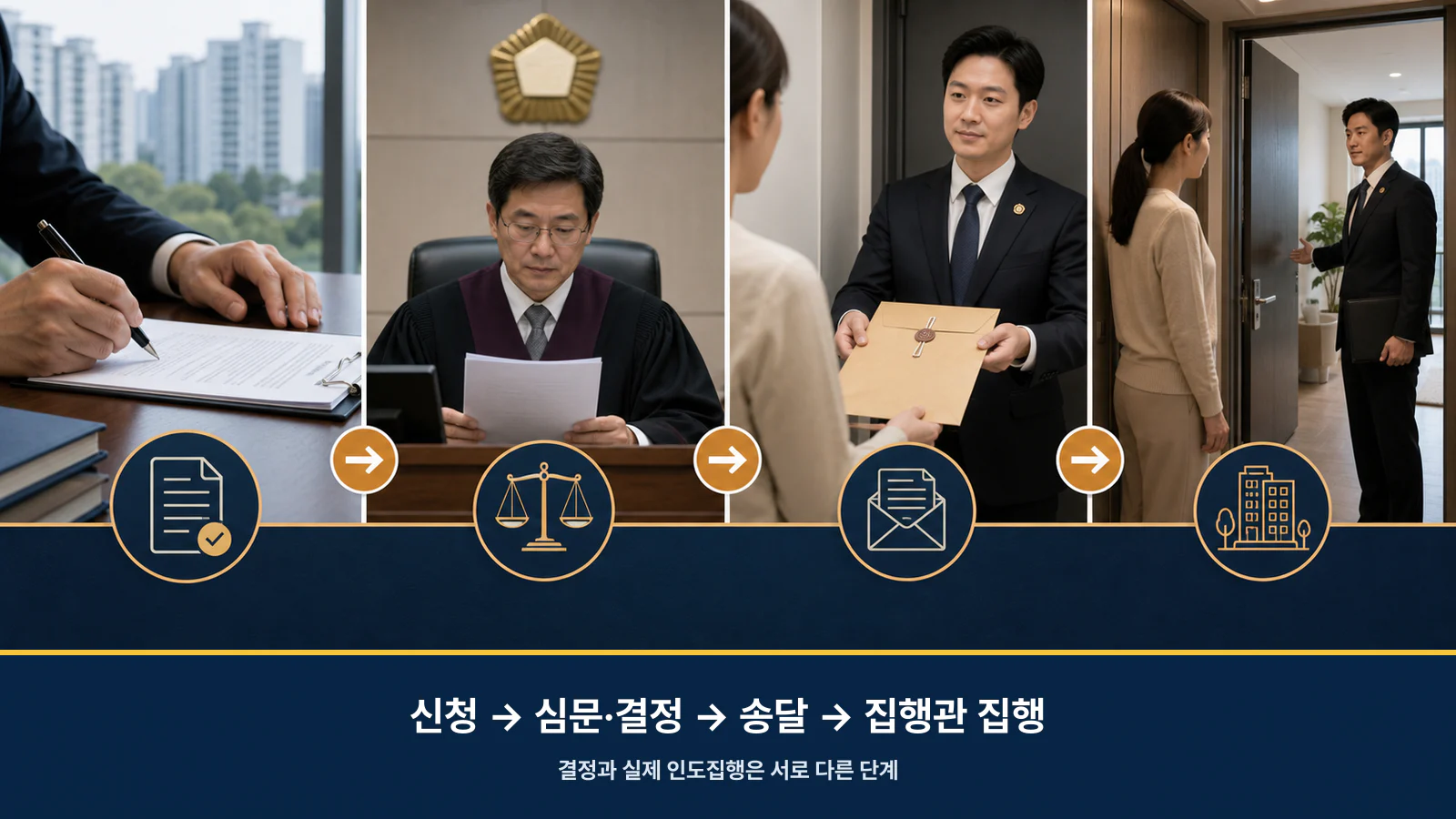 인도명령 신청부터 협상, 결정, 자진퇴거 또는 집행관 강제집행까지 이어지는 절차