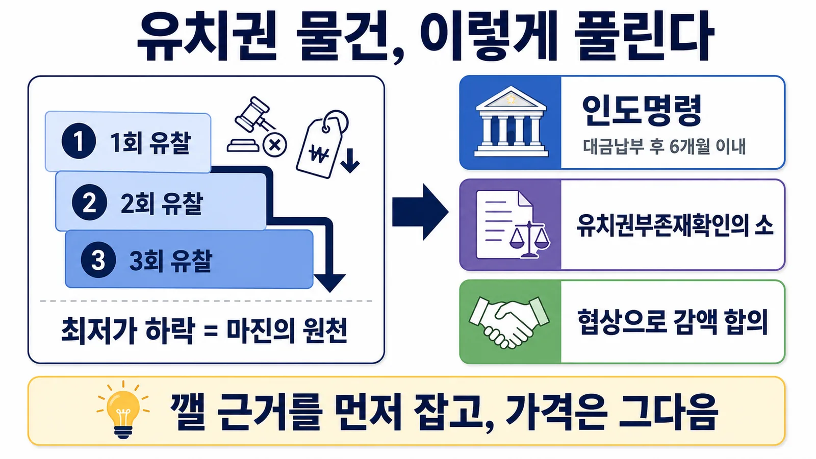 유치권 신고 물건의 유찰로 최저가가 떨어지는 구조와 낙찰 후 인도명령·유치권부존재확인의 소·협상 세 가지 대응 경로를 정리한 이미지