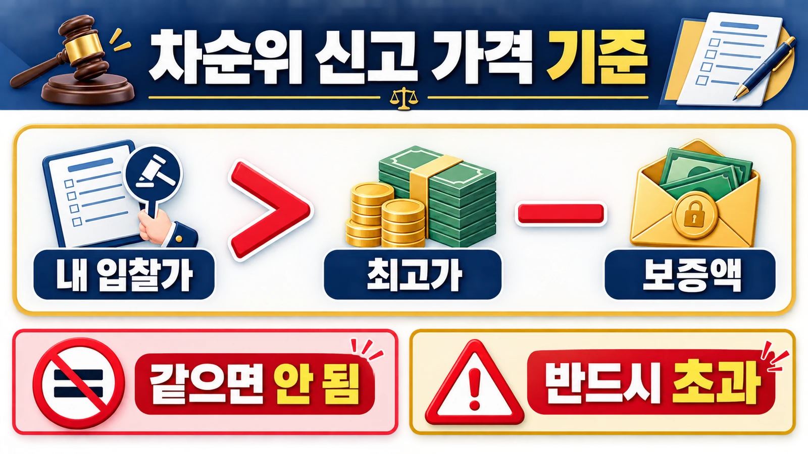 최고가매수신고액에서 매수신청 보증액을 뺀 금액을 넘어야 하는 차순위매수신고 기준