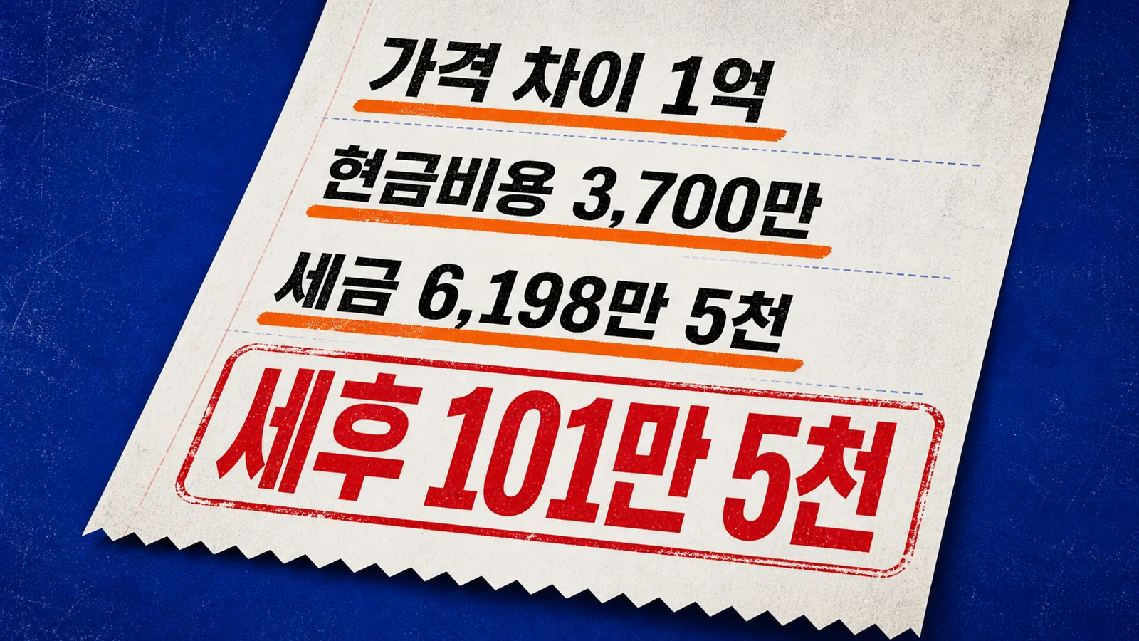 낙찰가 3억 원과 매도가 4억 원의 차익에서 현금비용과 양도소득세를 빼 세후 102만 원이 남는 계산 영수증