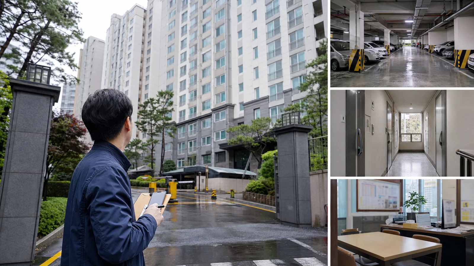아파트 경매 임장에서 단지 입구, 건물 공용부, 대상 세대 앞, 관리사무소와 중개사무소를 차례로 확인하는 현장조사 장면
