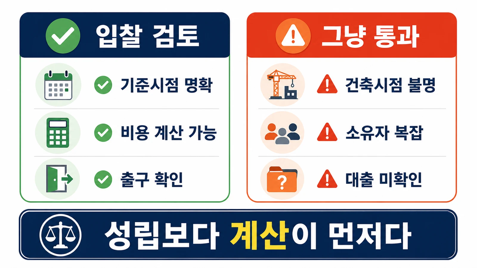 법정지상권 경매에서 입찰 검토가 가능한 조건과 초보자가 넘겨야 할 조건을 비교한 이미지