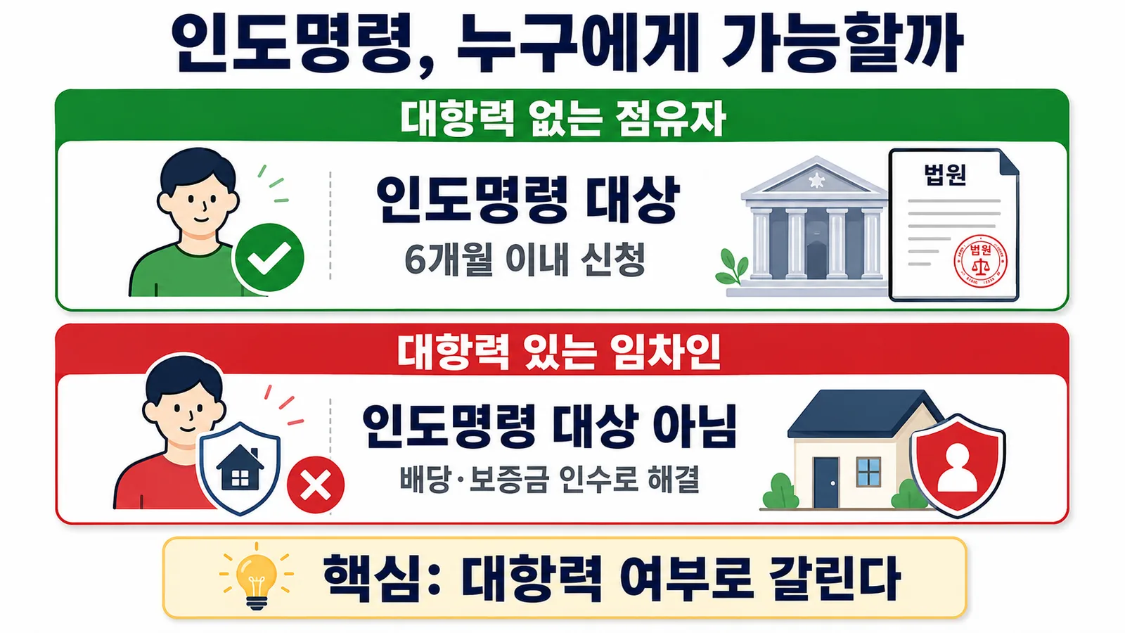 대항력 없는 점유자는 인도명령 대상이고 대항력 있는 임차인은 인도명령 대상이 아니라는 것을 비교한 이미지