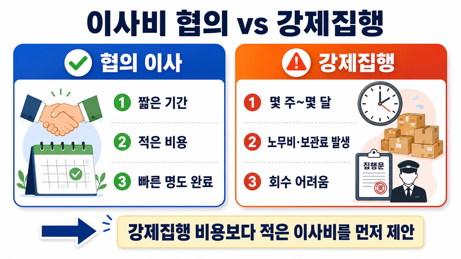 협의 이사비와 강제집행 비용·기간을 비교해 협의 이사가 더 유리하다는 것을 보여주는 이미지