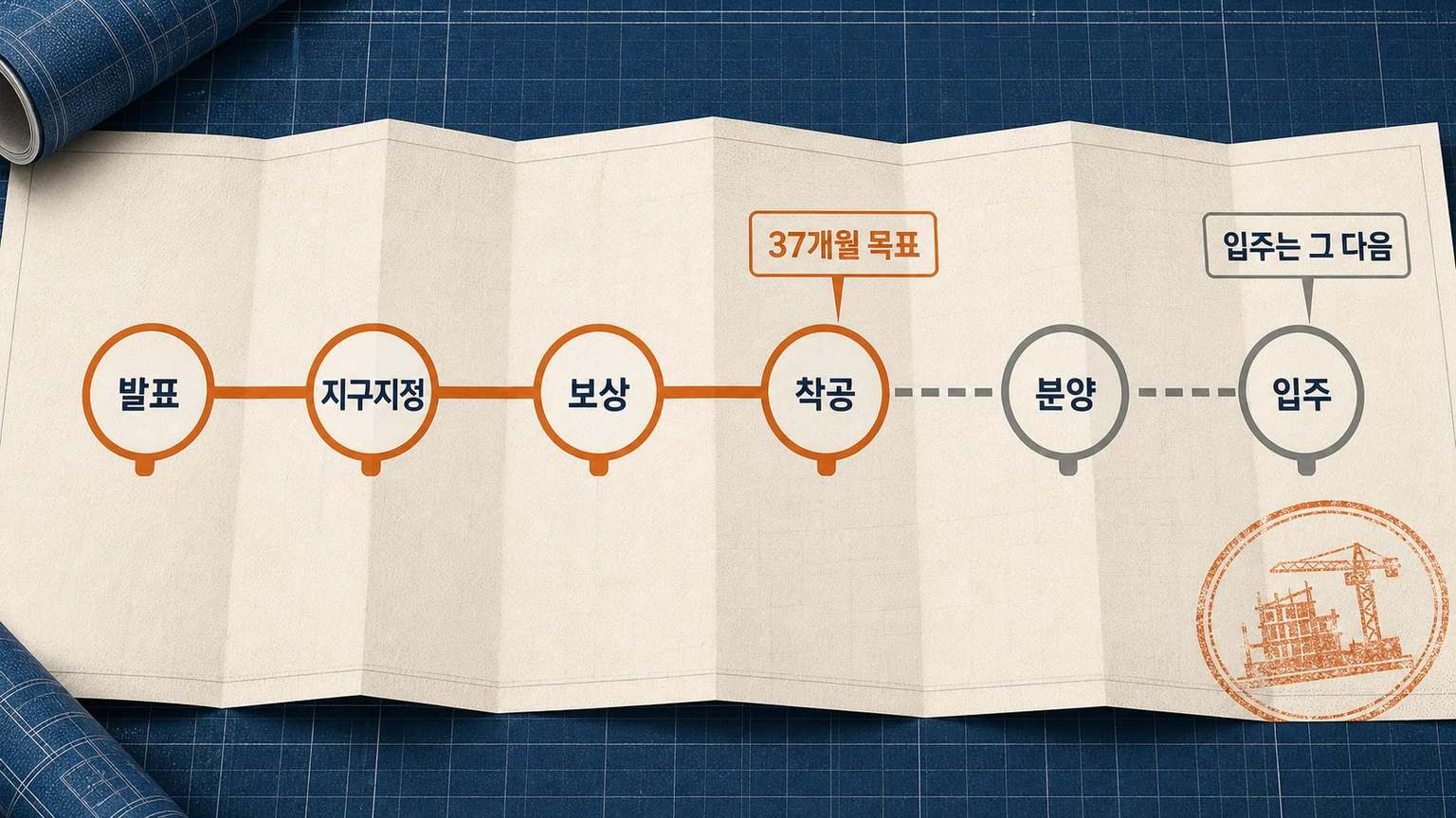 주택공급 발표에서 지구지정과 보상을 거쳐 37개월 안에 착공한 뒤 분양과 입주가 이어지는 시간표