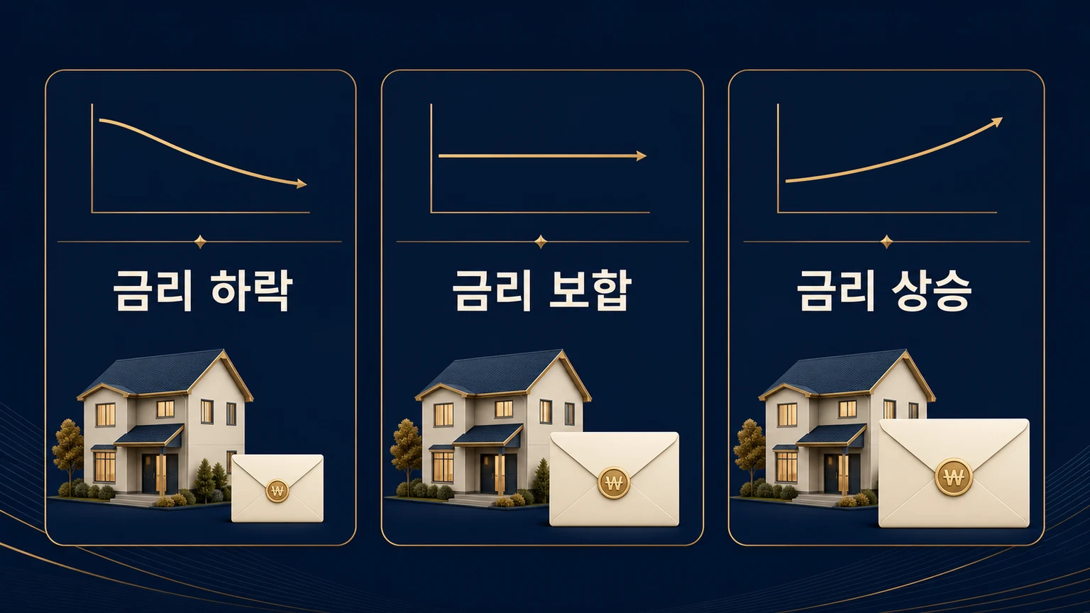 금리 하락과 보합, 상승의 세 가지 상황에서 월 상환 부담이 달라지는 시나리오 그림