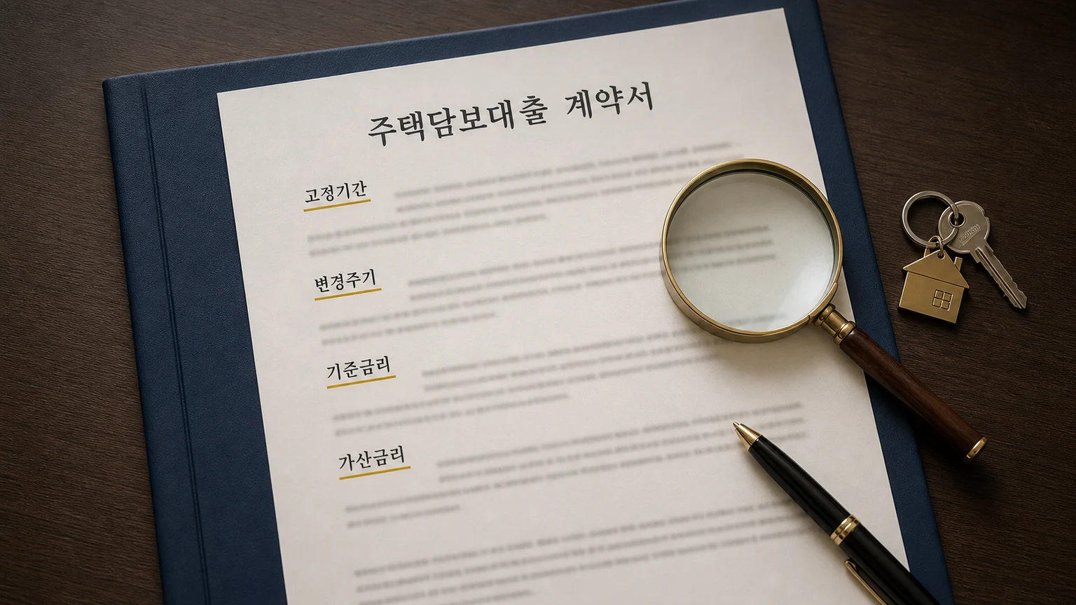 주택담보대출 약정서에서 고정기간과 변경주기, 기준금리, 가산금리를 확인하는 그림