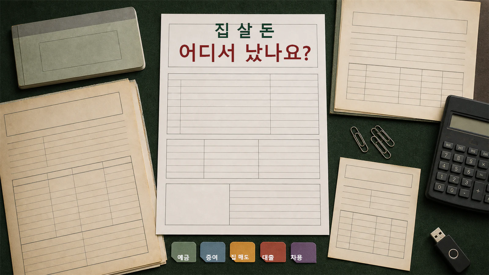 주택 매수자금의 출처를 예금과 증여, 부동산 매도, 대출 증빙으로 분류한 자금조달계획서 표지