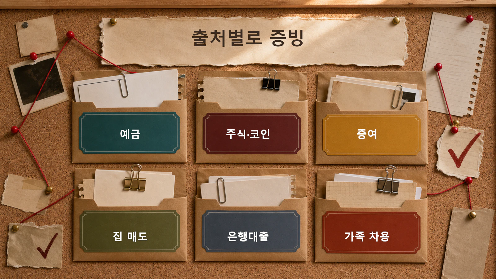 예금과 주식·가상화폐, 증여, 기존 집 매각, 은행대출과 가족 차용에 맞는 증빙서류 분류
