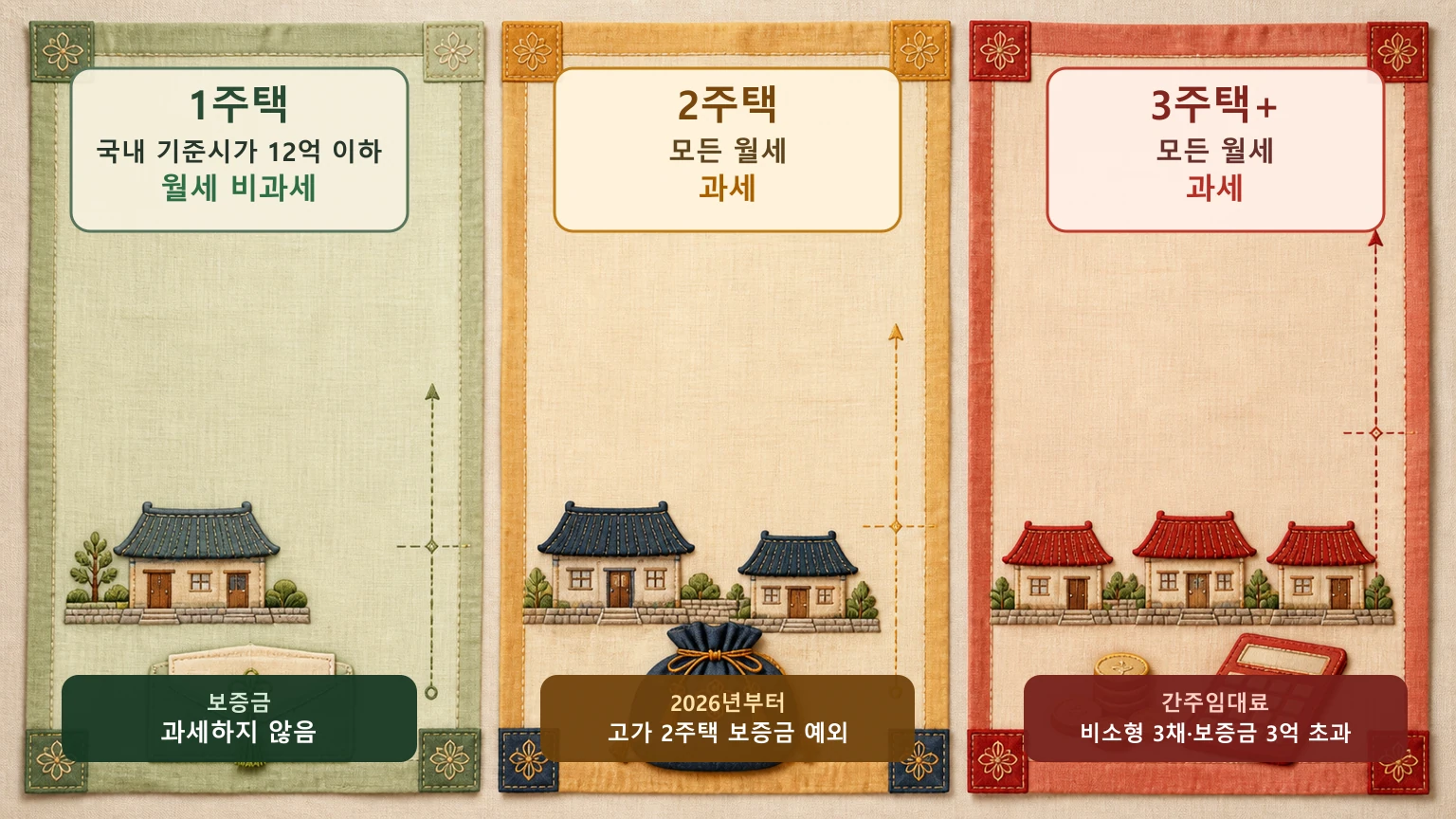 1주택 2주택 3주택의 월세와 전세보증금 과세 기준을 세 칸으로 비교한 보자기 그림