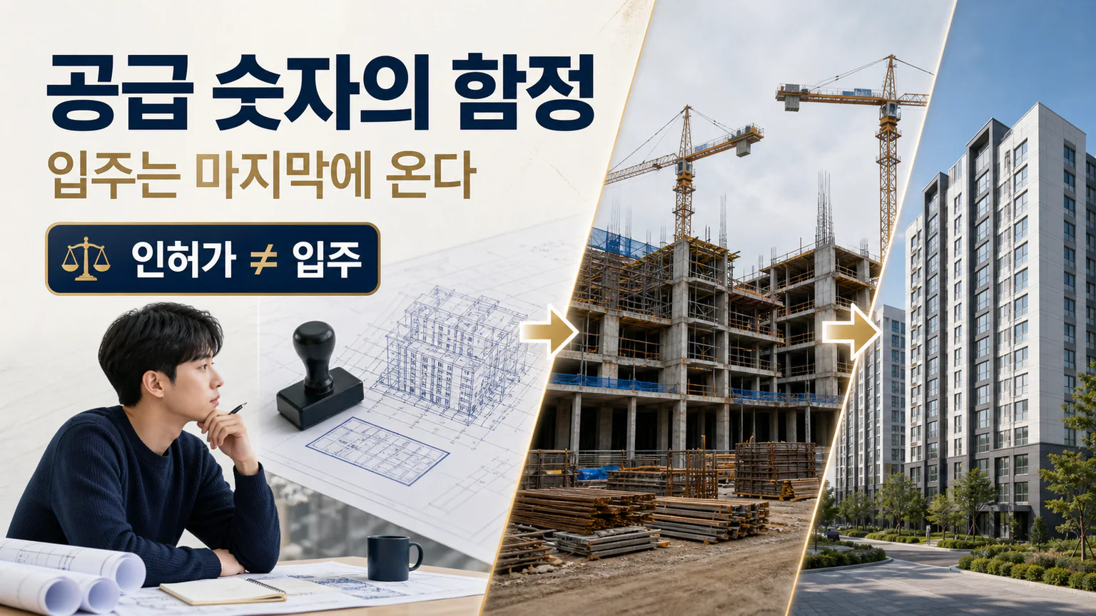 주택 공급 발표부터 인허가, 착공, 준공, 입주까지의 차이를 공사 현장으로 보여주는 표지
