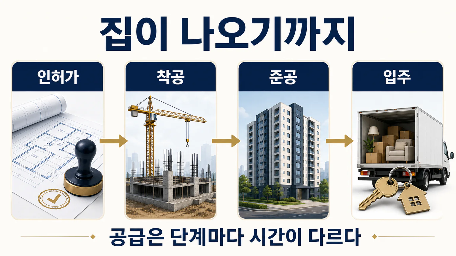 주택 인허가에서 착공과 준공을 거쳐 입주까지 이어지는 네 단계 흐름을 정리한 이미지