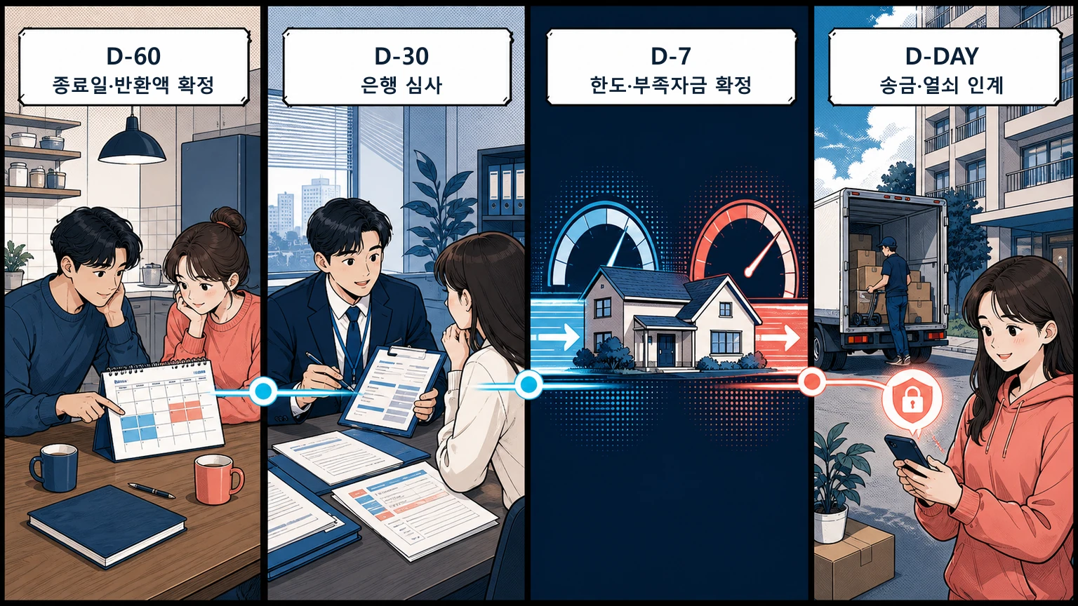 계약 종료 확인부터 은행 상담과 한도 확정, 이삿날 송금까지 네 단계로 그린 웹툰
