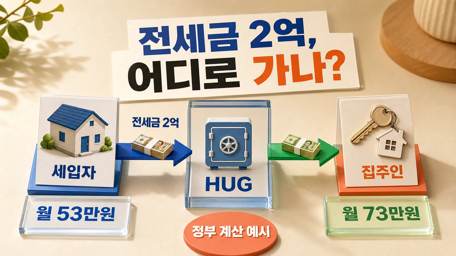 전세금 2억원이 세입자에서 HUG로 예치되고 집주인에게 월 73만원이 지급되는 정부 계산 예시