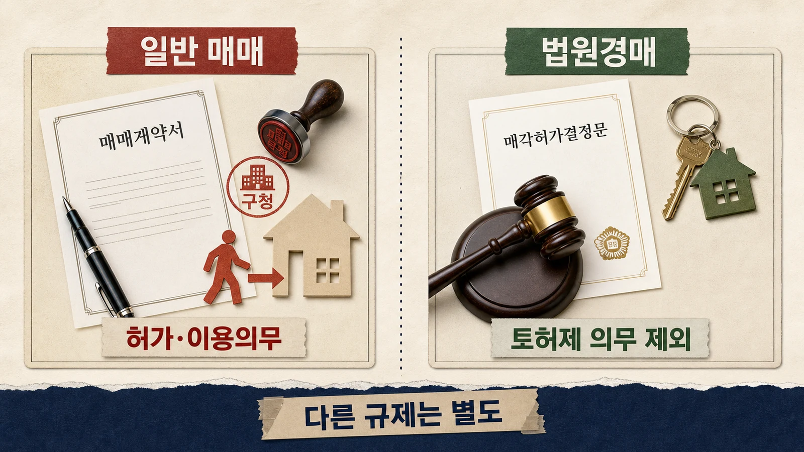 토지거래허가구역 아파트의 일반 매매와 법원경매를 허가와 이용의무 기준으로 비교한 이미지