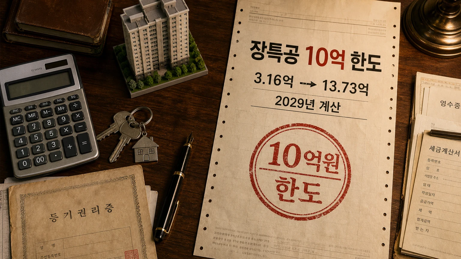 장기거주 소득공제 10억원 한도와 양도소득세 계산을 영수증과 계산기로 표현한 표지