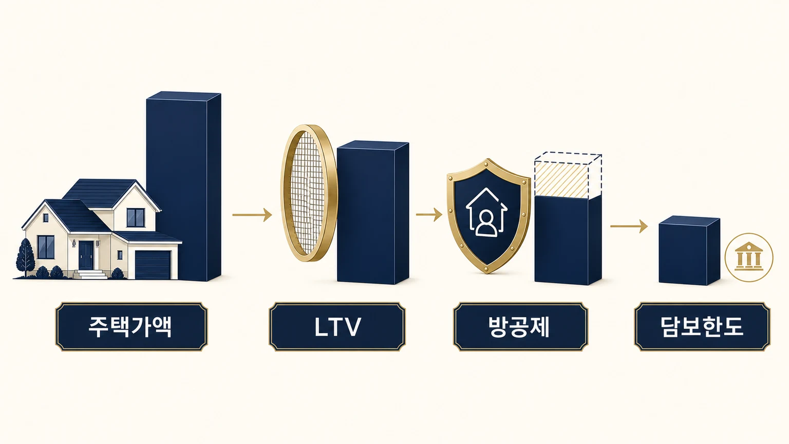 주택 인정가액에 LTV를 적용한 뒤 소액임차보증금 공제로 실제 담보한도가 줄어드는 과정