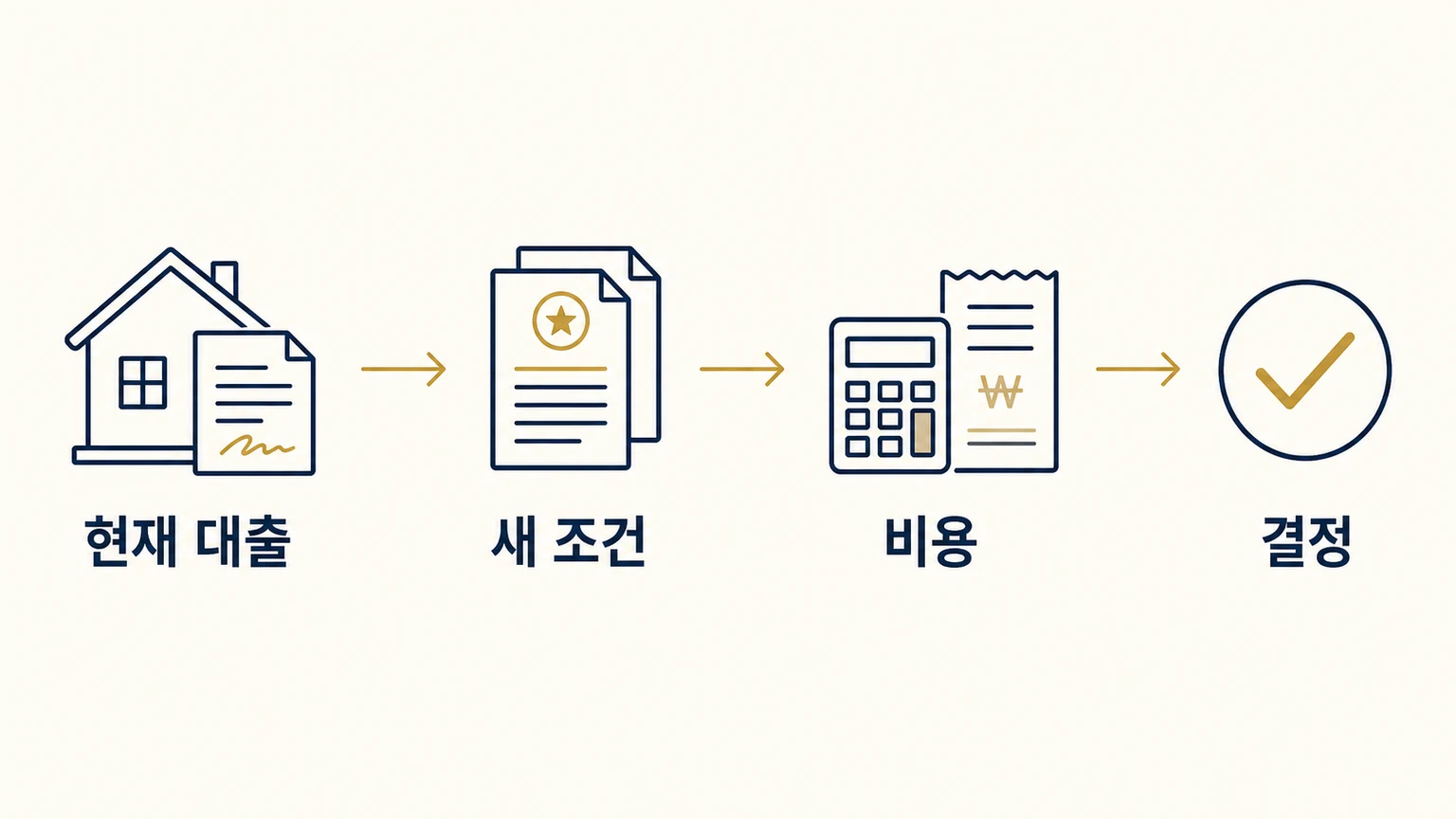 현재 대출 확인부터 새 조건 비교와 비용 계산, 최종 결정까지 이어지는 대환 점검 순서
