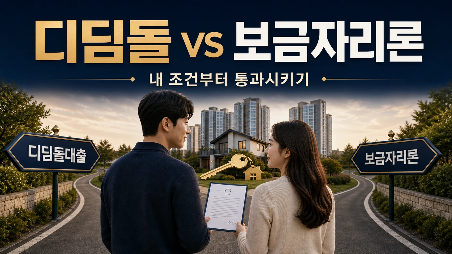 신혼부부가 디딤돌대출과 보금자리론 두 갈래의 주택 구입 자금 선택지를 살펴보는 장면