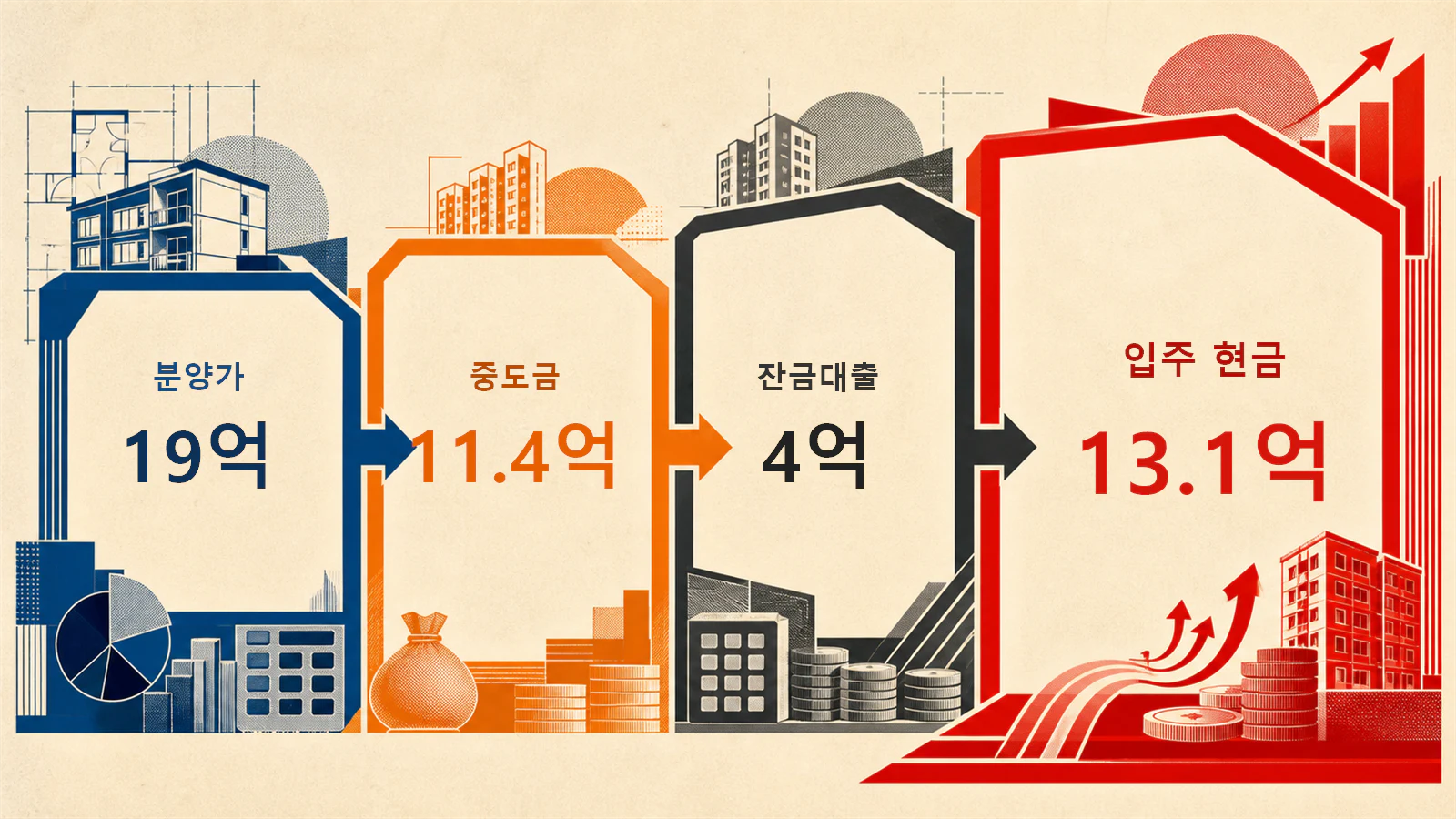 분양가 19억원 사례에서 계약금과 중도금 대출을 거쳐 입주 때 현금 13억1천만원이 필요한 계산
