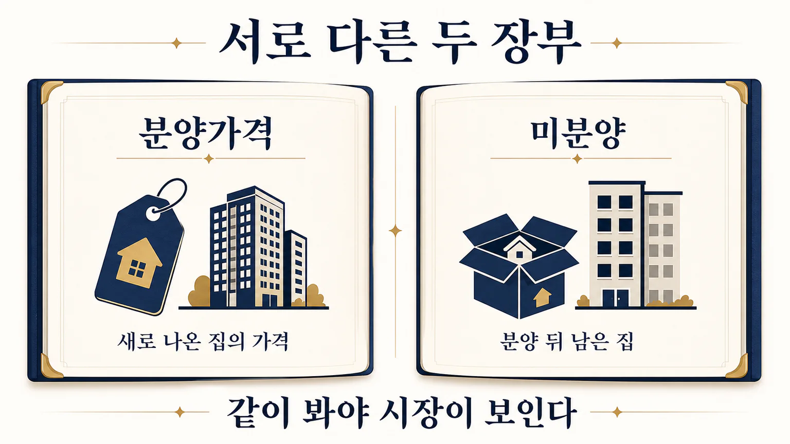 분양가격과 미분양 물량이 서로 다른 질문에 답하는 통계라는 점을 두 장의 장부로 비교한 이미지