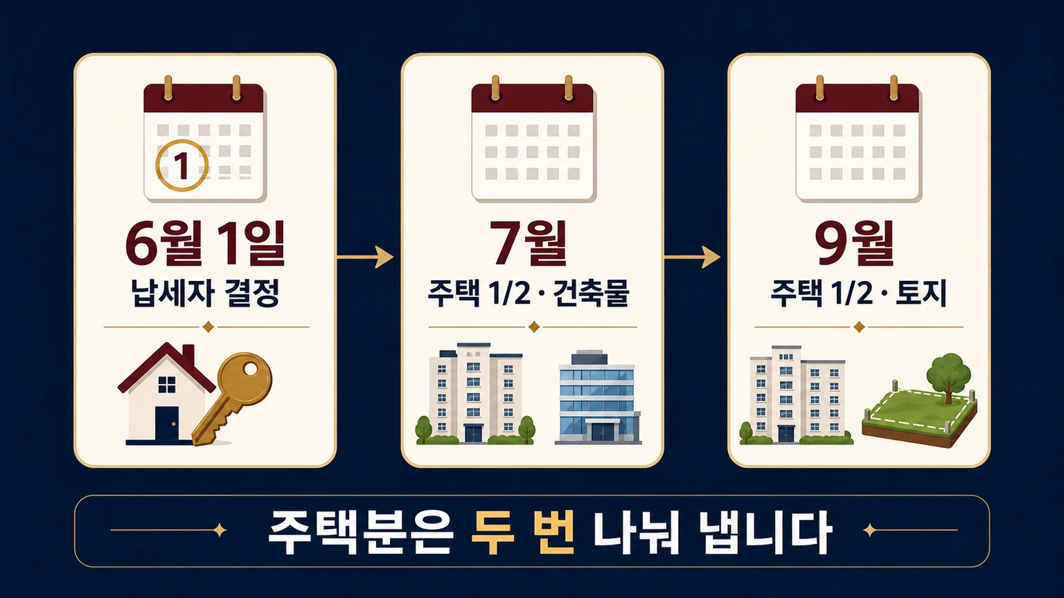 6월 1일에 납세자를 정하고 7월과 9월에 재산 종류별로 재산세를 고지하는 흐름