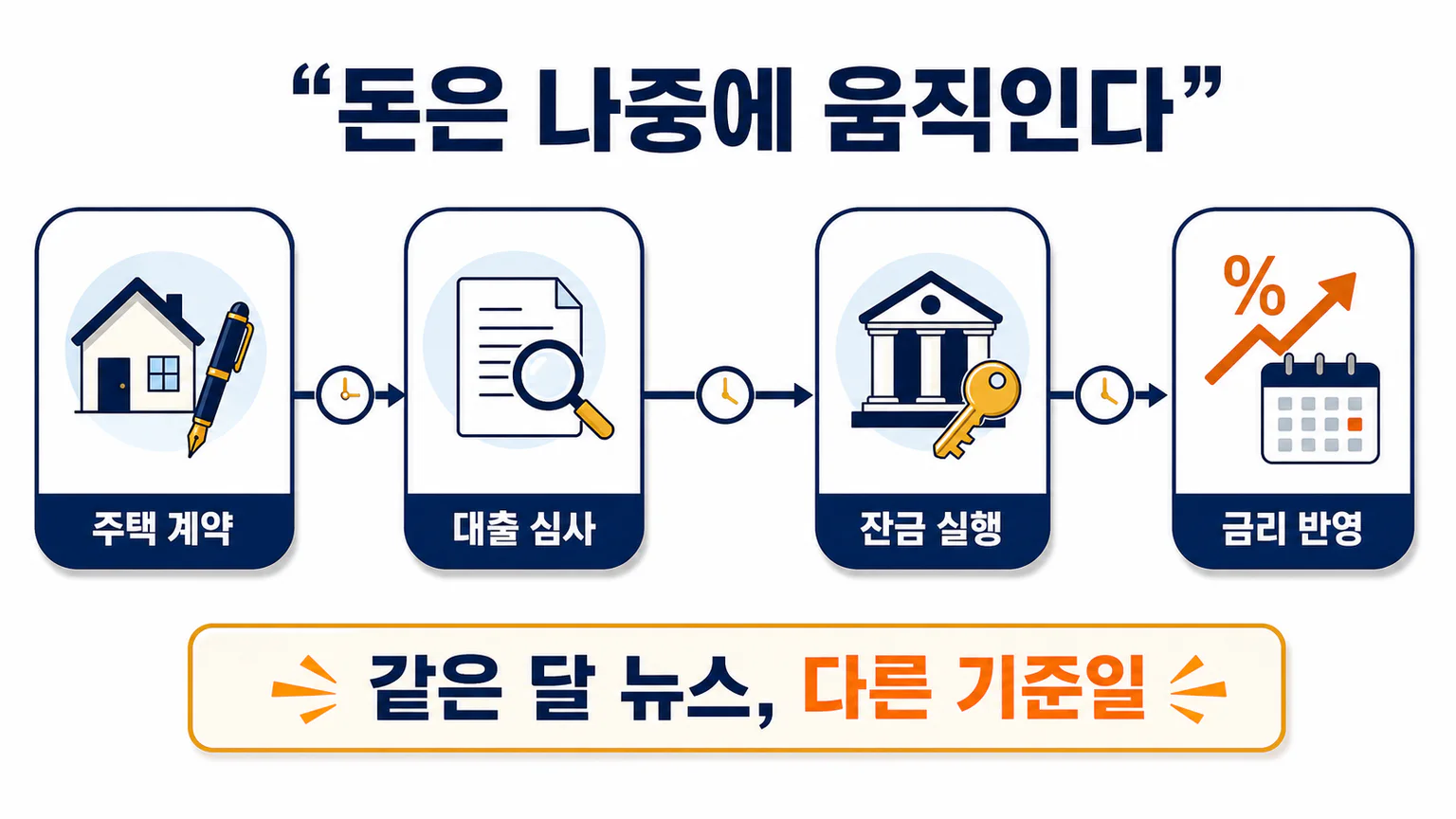 아파트 계약부터 대출 실행과 기준금리 반영까지 시간차를 네 단계로 정리한 이미지