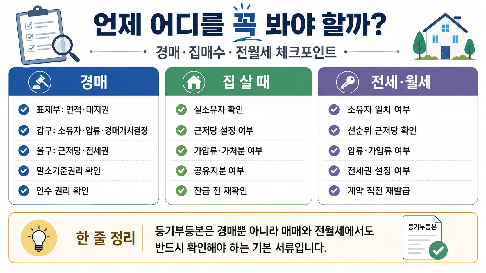 경매와 주택 매매, 전세 월세 계약에서 등기부등본을 확인할 내용을 비교한 체크리스트
