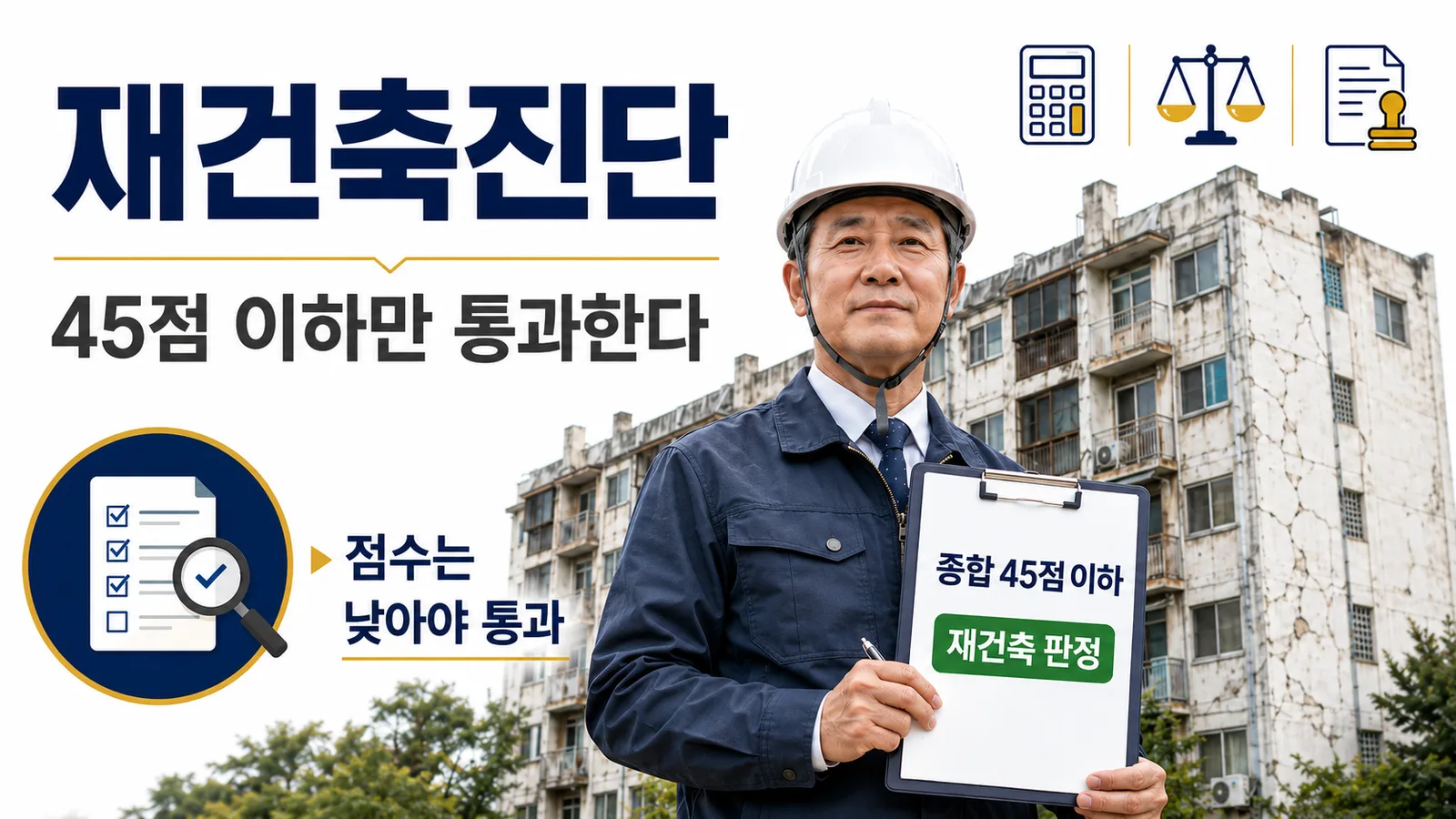 재건축진단의 판정 구간과 분야별 가중치, 매수 전 확인 순서를 정리한 이미지