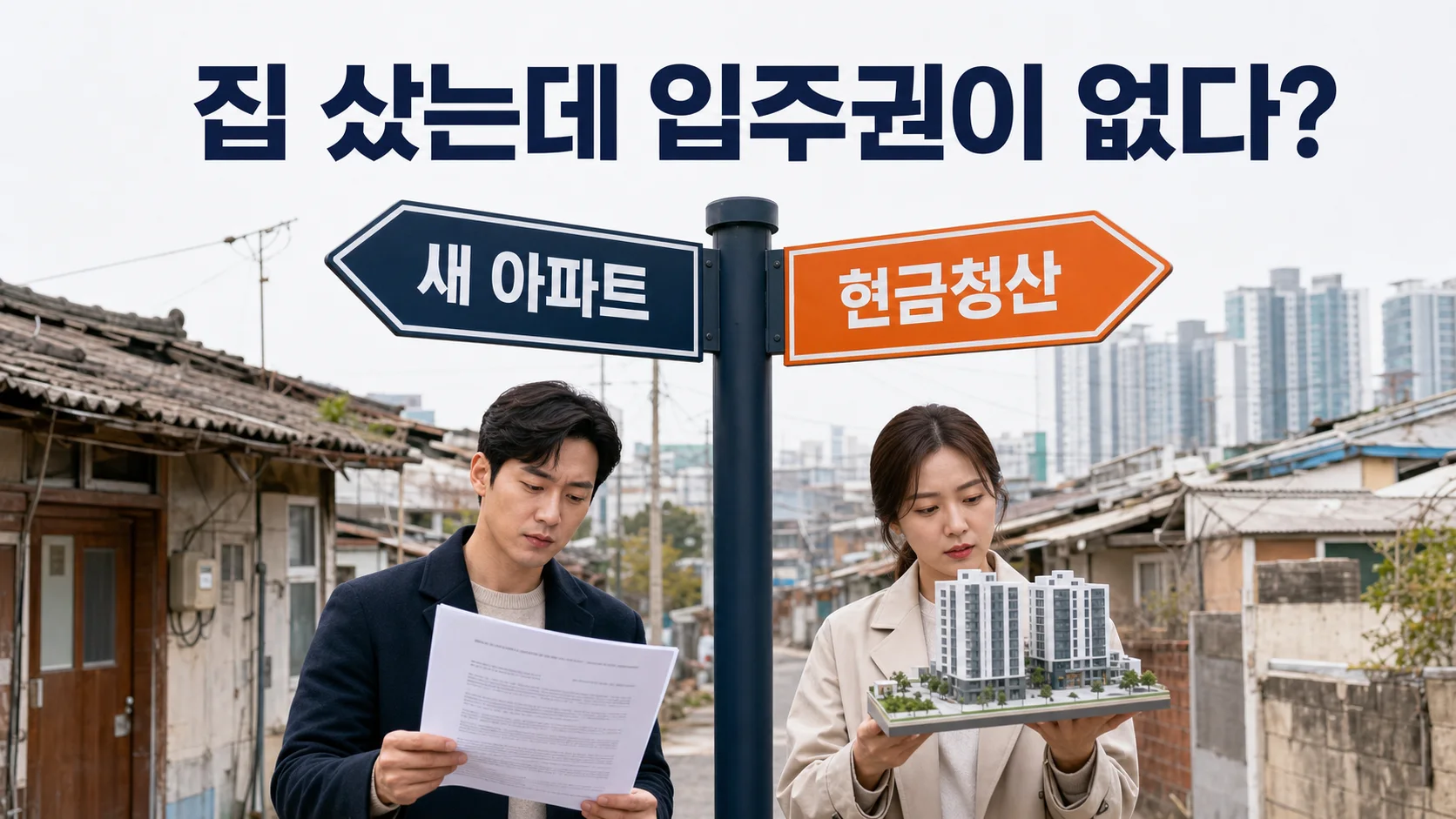 재개발 매수자가 입주권 대신 현금청산 대상이 되는 상황을 표현한 이미지