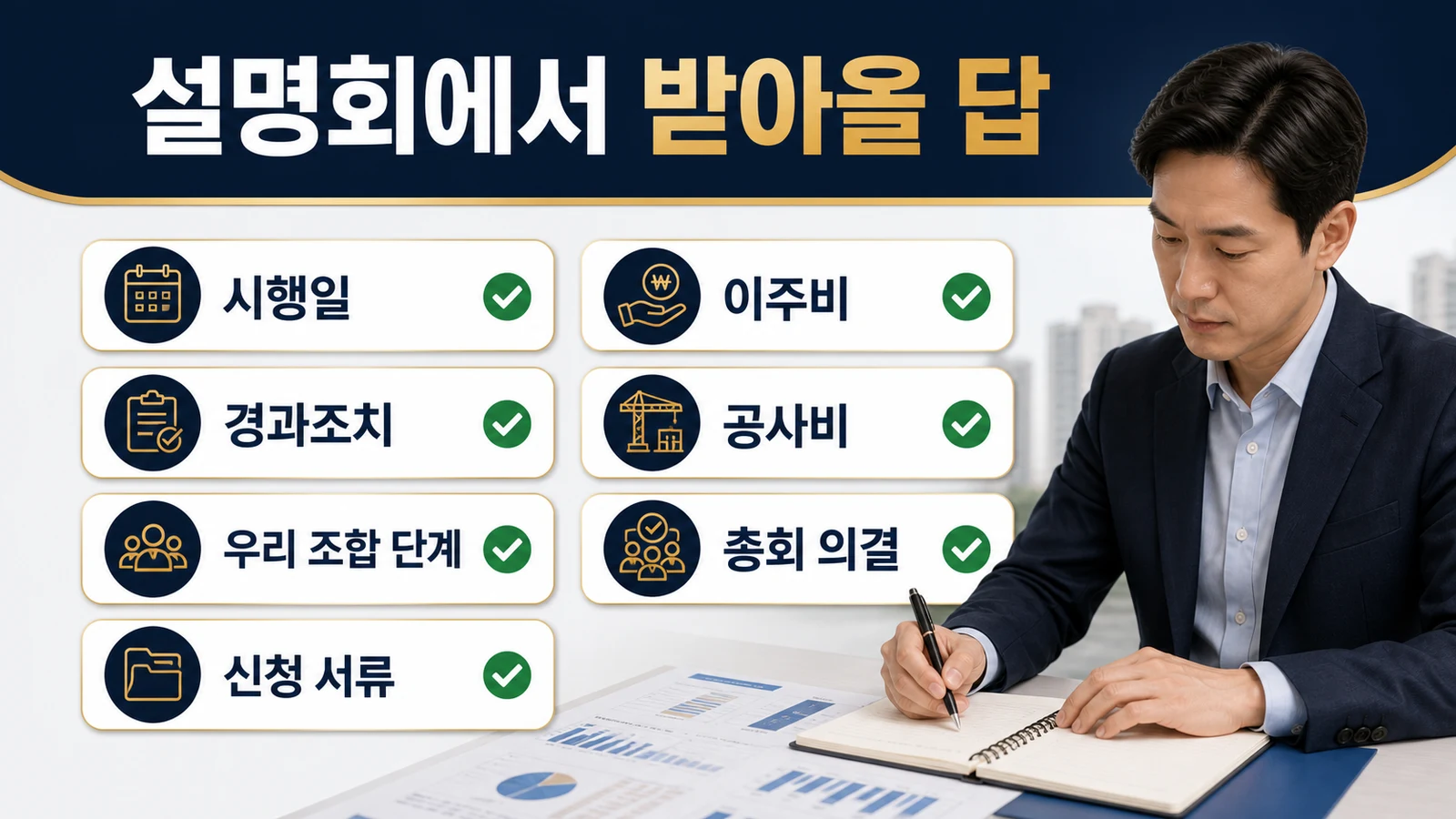 정비사업 정책설명회에서 조합원이 적용 시점과 서류, 금융과 공사비를 확인하는 질문 목록