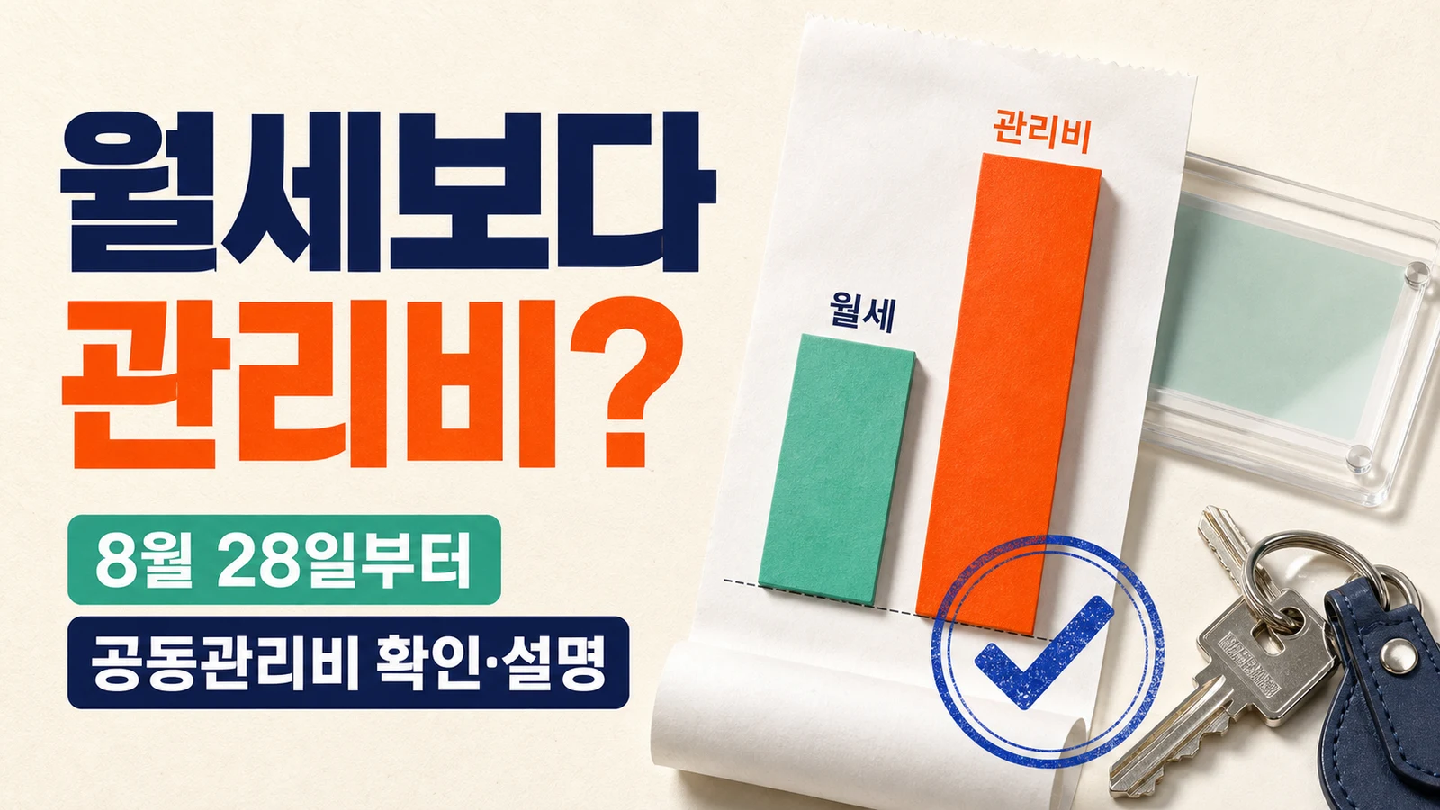 월세보다 관리비가 더 큰 원룸 매물과 8월 28일 공동관리비 확인 설명 의무를 영수증처럼 표현한 이미지