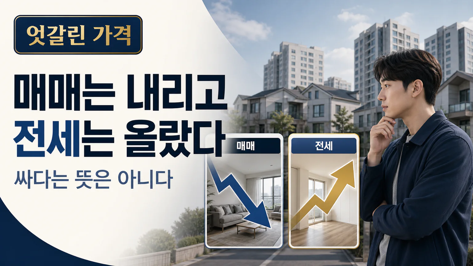 아파트 매매가격은 내려가고 전세가격은 오르는 엇갈린 시장을 두 방향 화살표로 표현한 표지