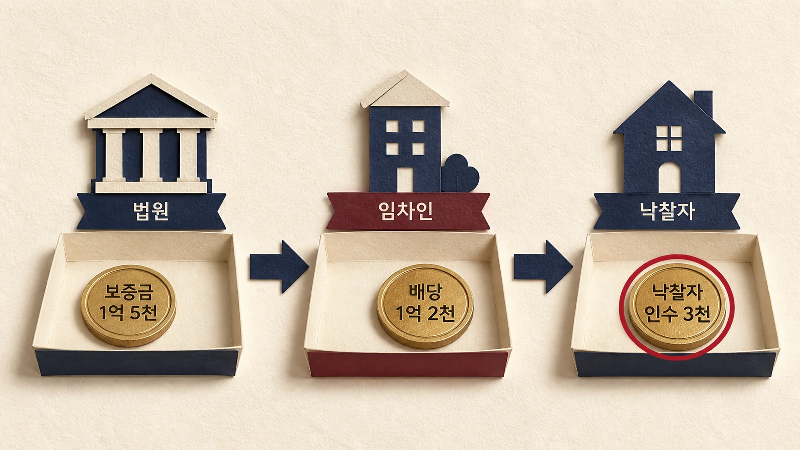 낙찰가 1억 5천만 원에서 선순위 임차인이 1억 2천만 원을 배당받고 남은 3천만 원을 낙찰자가 인수하는 흐름