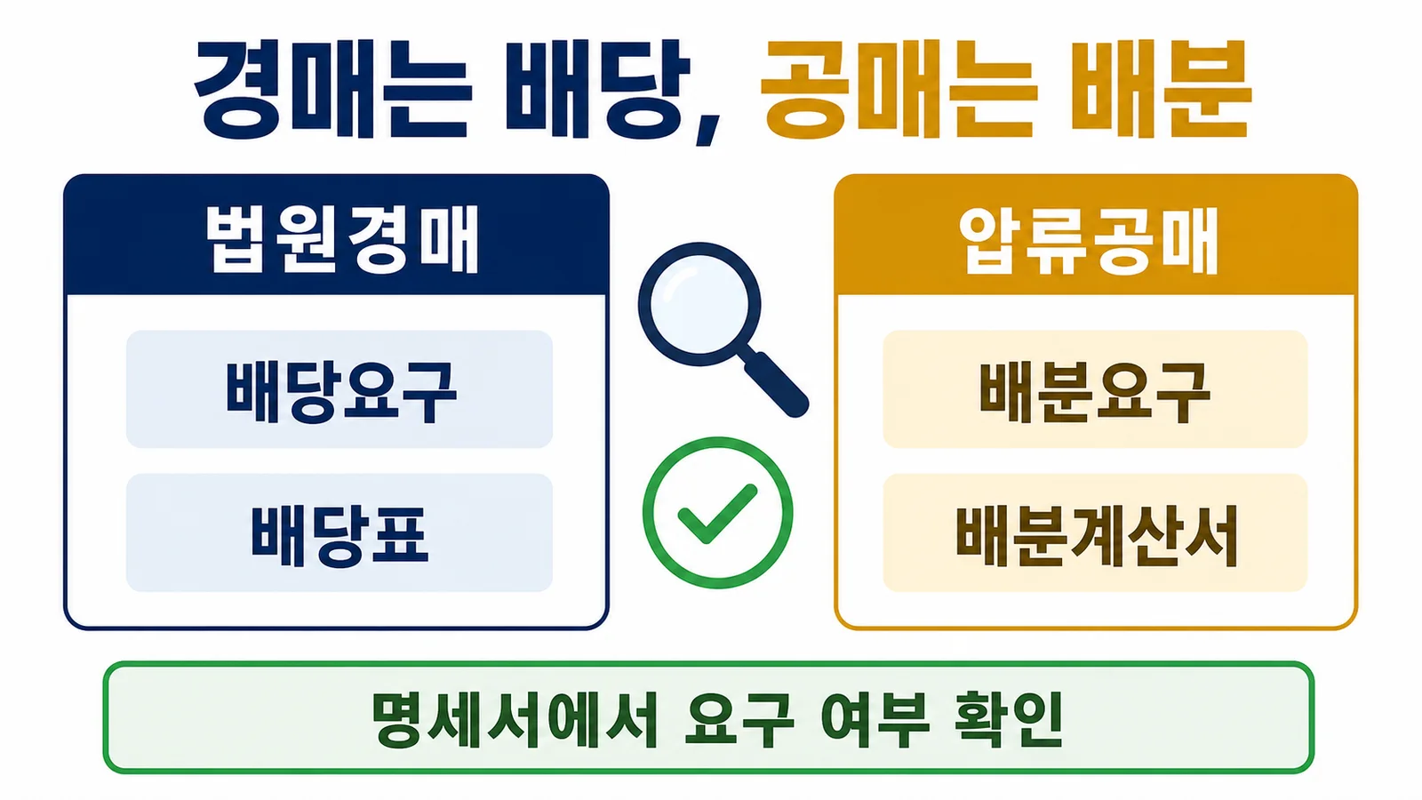 법원경매의 배당요구와 배당표 압류공매의 배분요구와 배분계산서를 비교한 이미지
