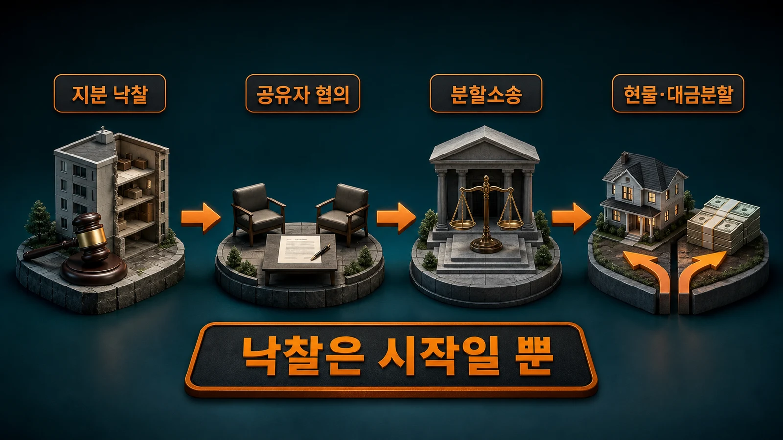 공유지분 낙찰 뒤 공유자 협의, 분할소송과 현물분할 또는 대금분할로 이어지는 절차 이미지