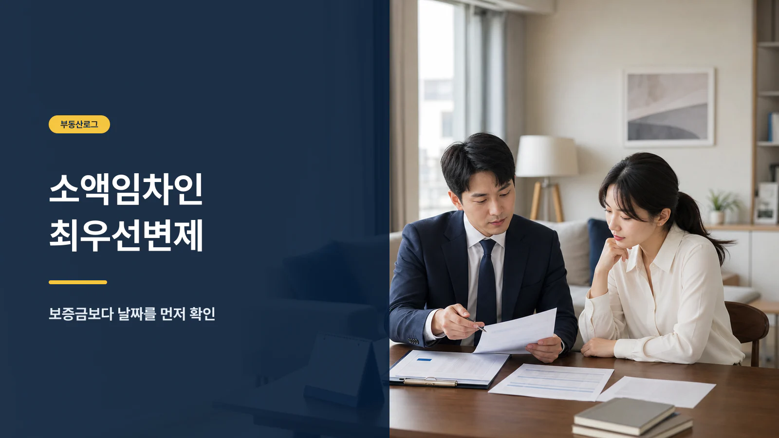 임대차계약서와 등기부를 놓고 소액임차인 최우선변제 조건을 확인하는 장면