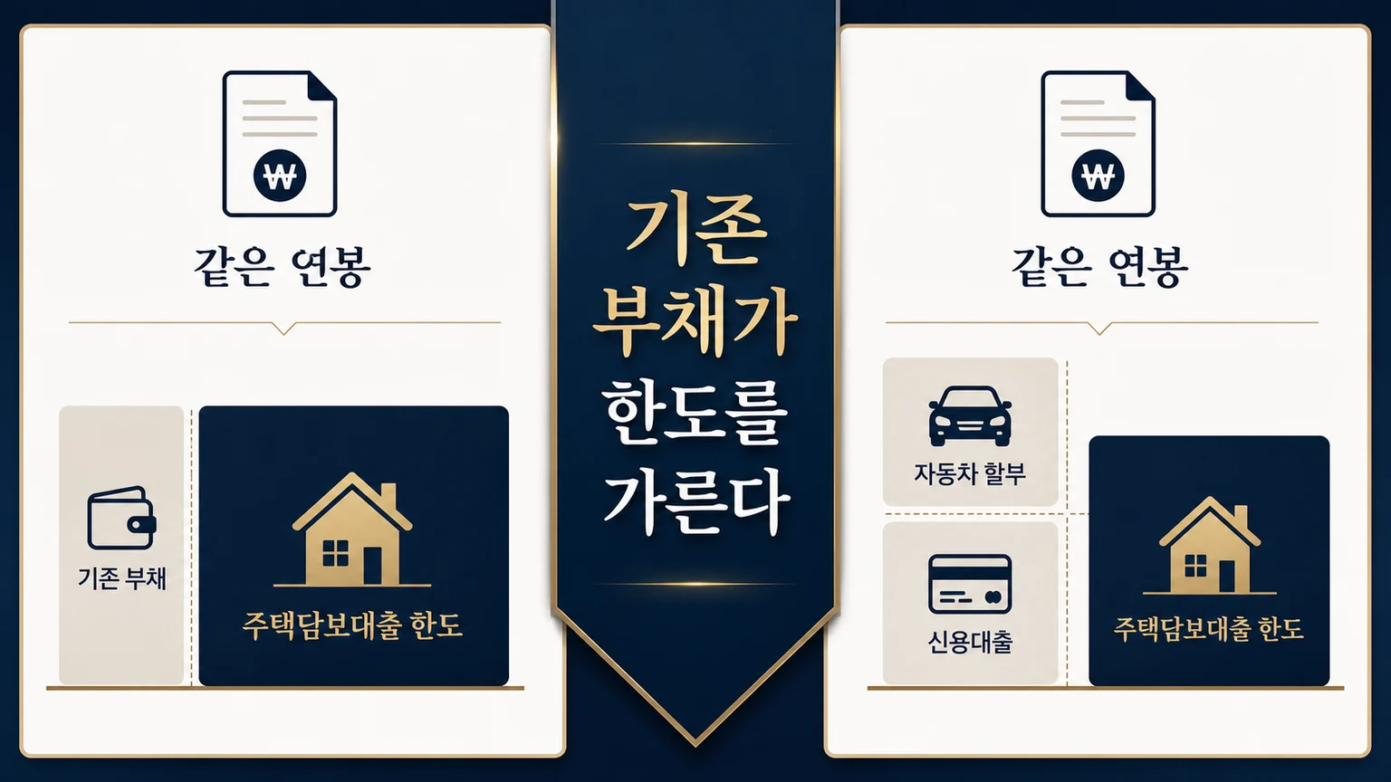 같은 연봉에서 기존 부채 상환액을 뺀 뒤 서로 다른 주담대 여력이 남는 비교 그림