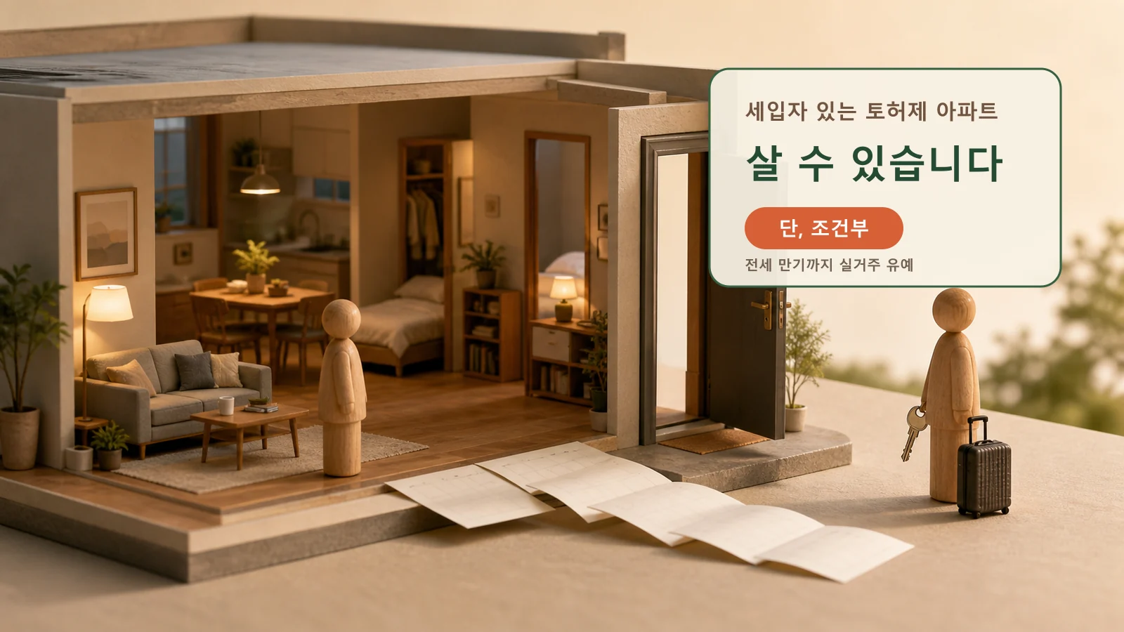세입자가 거주하는 아파트와 입주를 기다리는 매수자를 달력으로 연결한 토허제 실거주 유예 표지