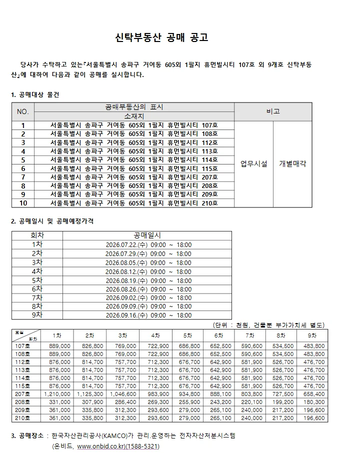 신탁부동산 공매 공고문 첫 장의 공매대상 물건 목록과 회차별 공매일시, 차수별 공매예정가격 표