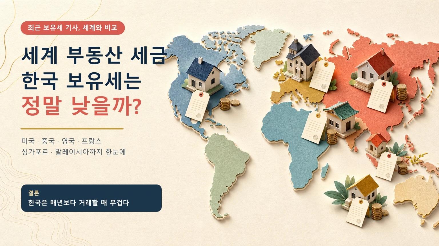 세계지도 위 여러 나라의 주택과 세금 고지서를 배치해 한국과 세계 부동산 세금을 비교한 표지